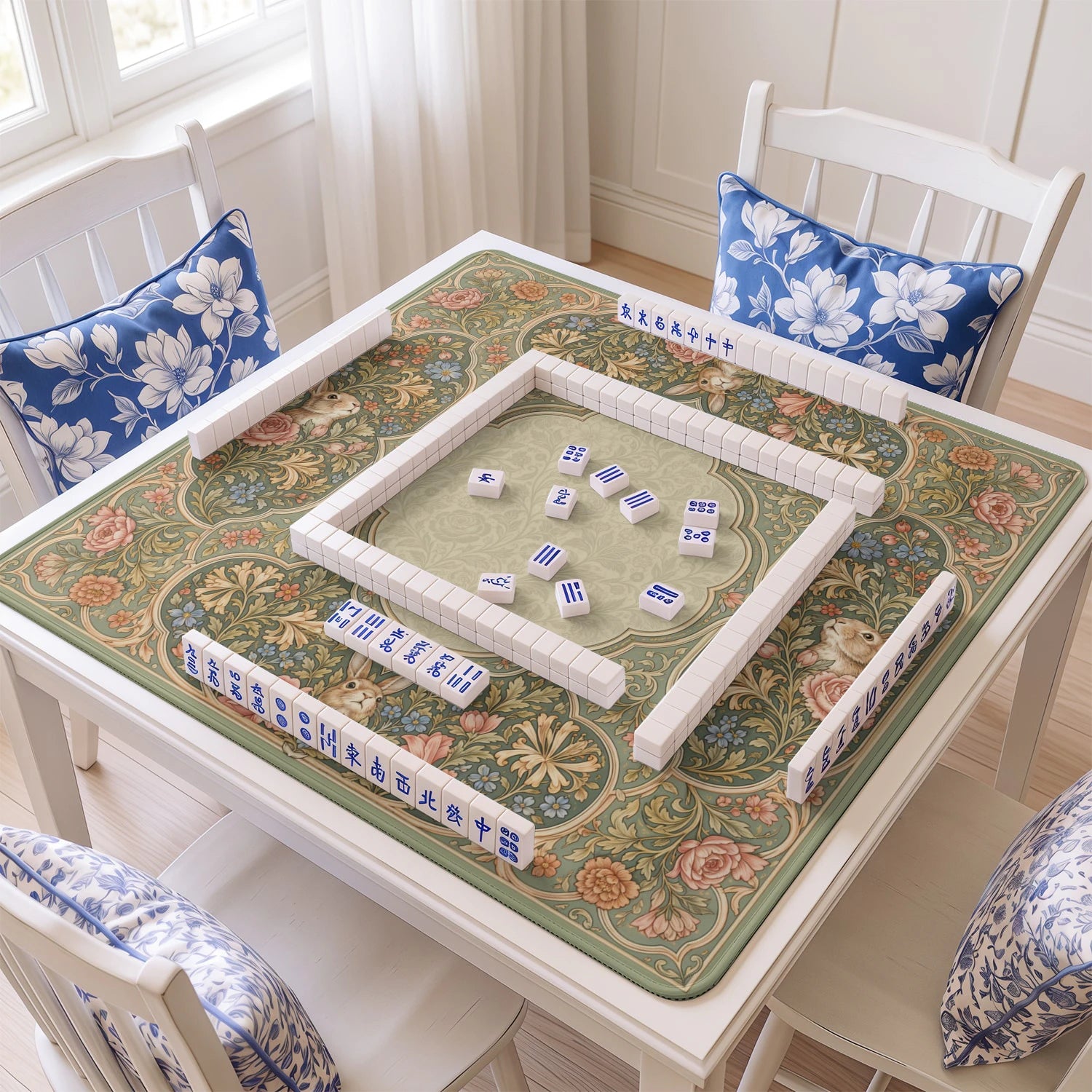 Sage Rabbit mahjong mat with tiles and racks on the table