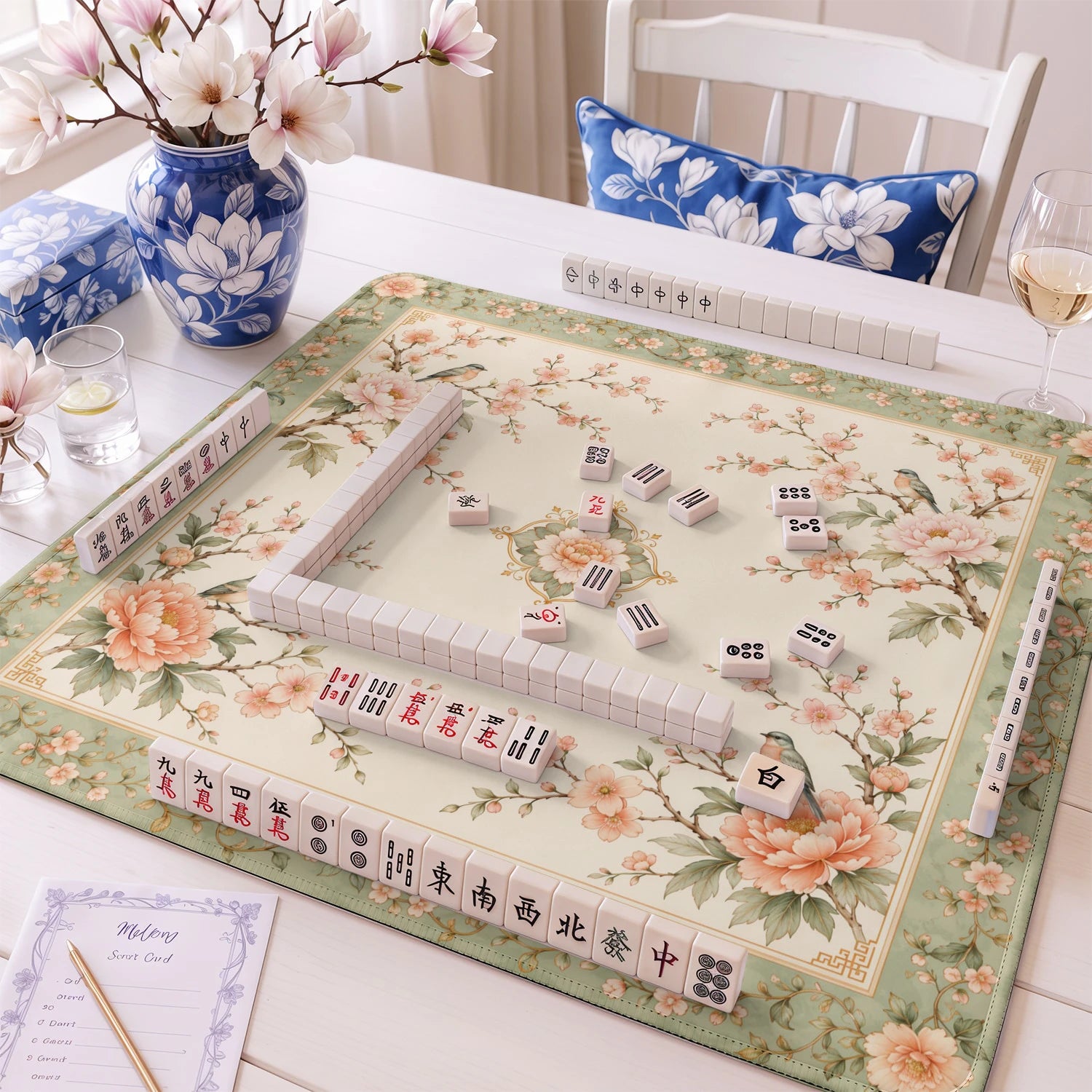 Sage Songbird mahjong mat – M (60x60 cm) and L (81x81 cm) sizes