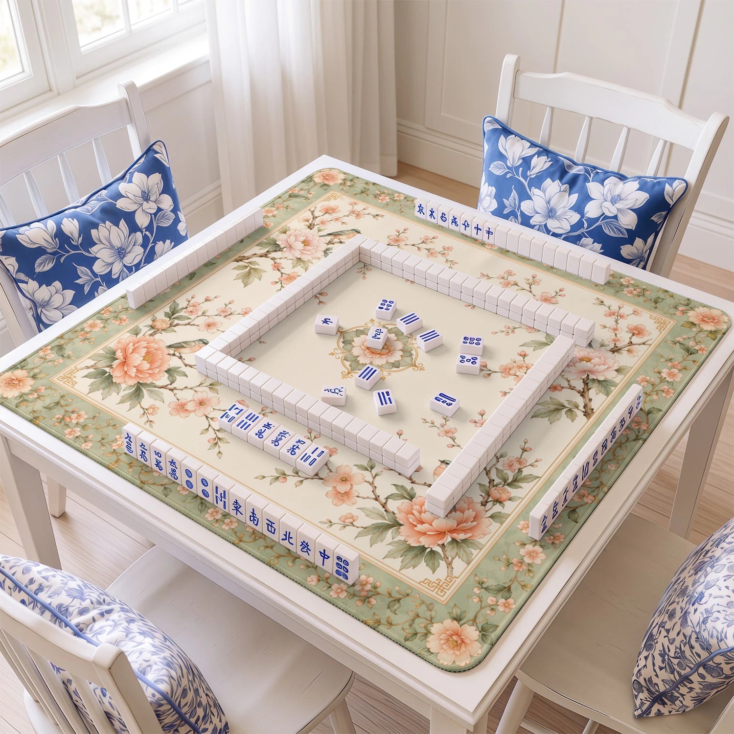 Sage Songbird mahjong mat with tiles and racks on the table