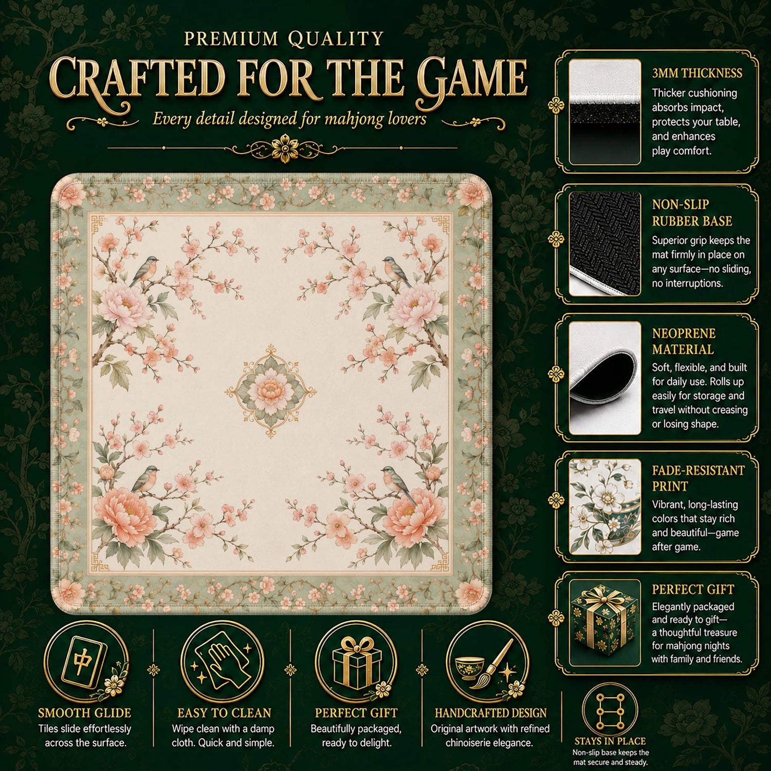 Sage Songbird Mahjong Mat – neoprene mah jongg table mat