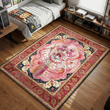 Sailor Chibi Moon holding Pink Moon Stick floral watercolor art style area rug and floor mat