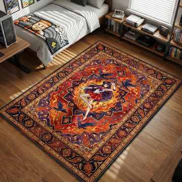Sailor Mars surrounded by fire arrows and crows celestial art style area rug and floor mat