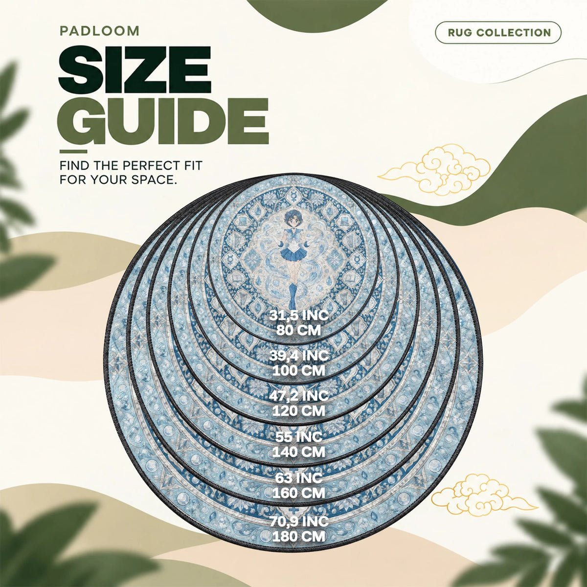 Sailor Mercury Water round rug size guide, 80 to 180 cm (31.5 to 70.9 in)