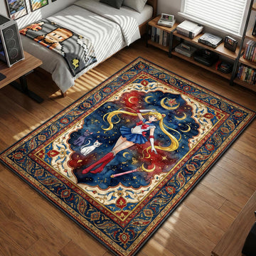 Sailor Moon posing with Luna and Artemis celestial art style area rug and floor mat