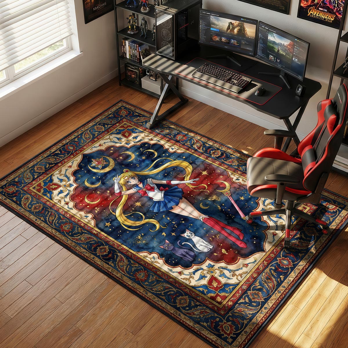 Sailor Moon posing with Luna and Artemis celestial art style area rug and floor mat