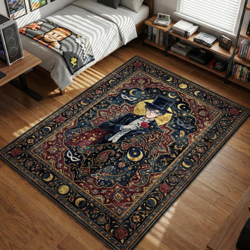 Sailor Moon holding Moon Stick with Inner Senshi portraits floral art style area rug and floor mat