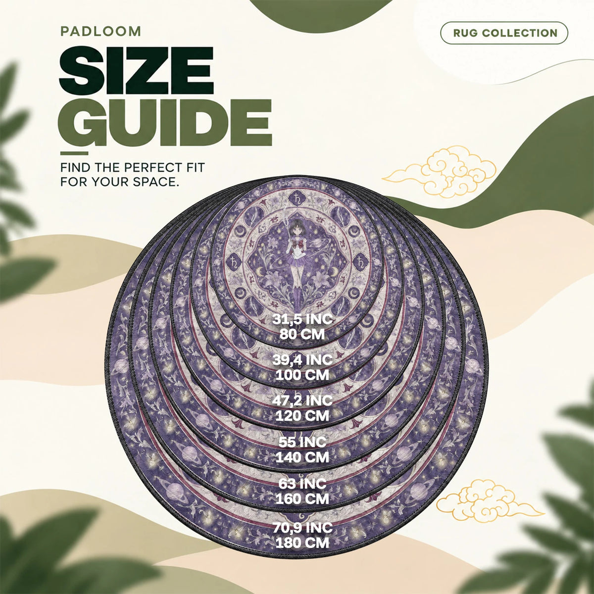 Sailor Saturn Glaive round rug size guide, 80 to 180 cm (31.5 to 70.9 in)