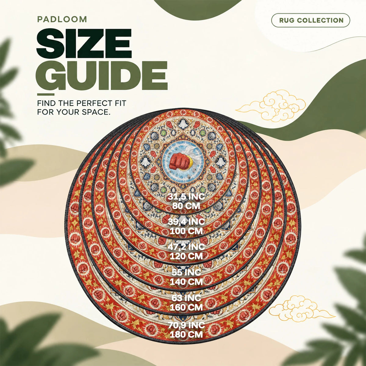 Saitama Medallion round rug size guide, 80 to 180 cm (31.5 to 70.9 in)