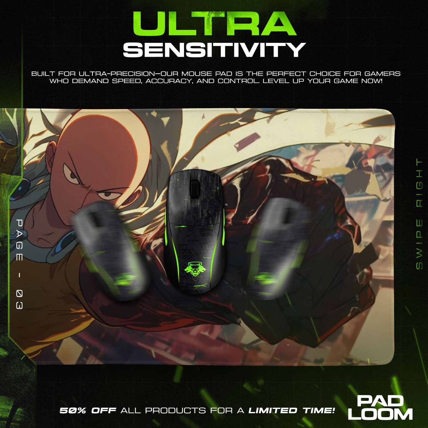 Saitama Mouse Pad - Power Surge Anime Desk Mat Padloom
