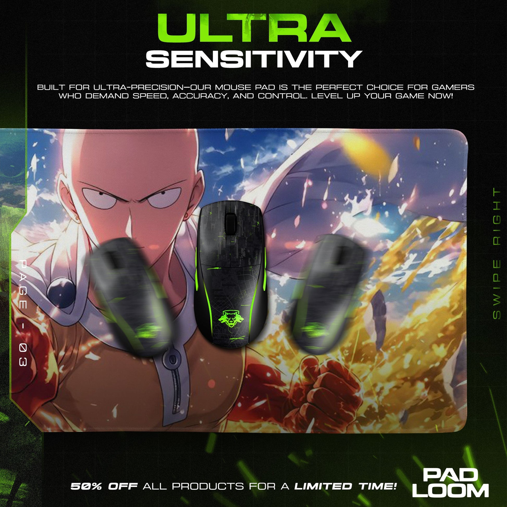 Saitama Mouse Pad - Power Surge Anime Desk Mat Padloom
