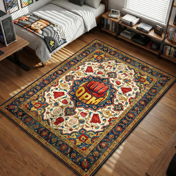 Central red fist logo with OPM text surrounded by Saitama heads and red capes in a Persian style area rug and floor mat