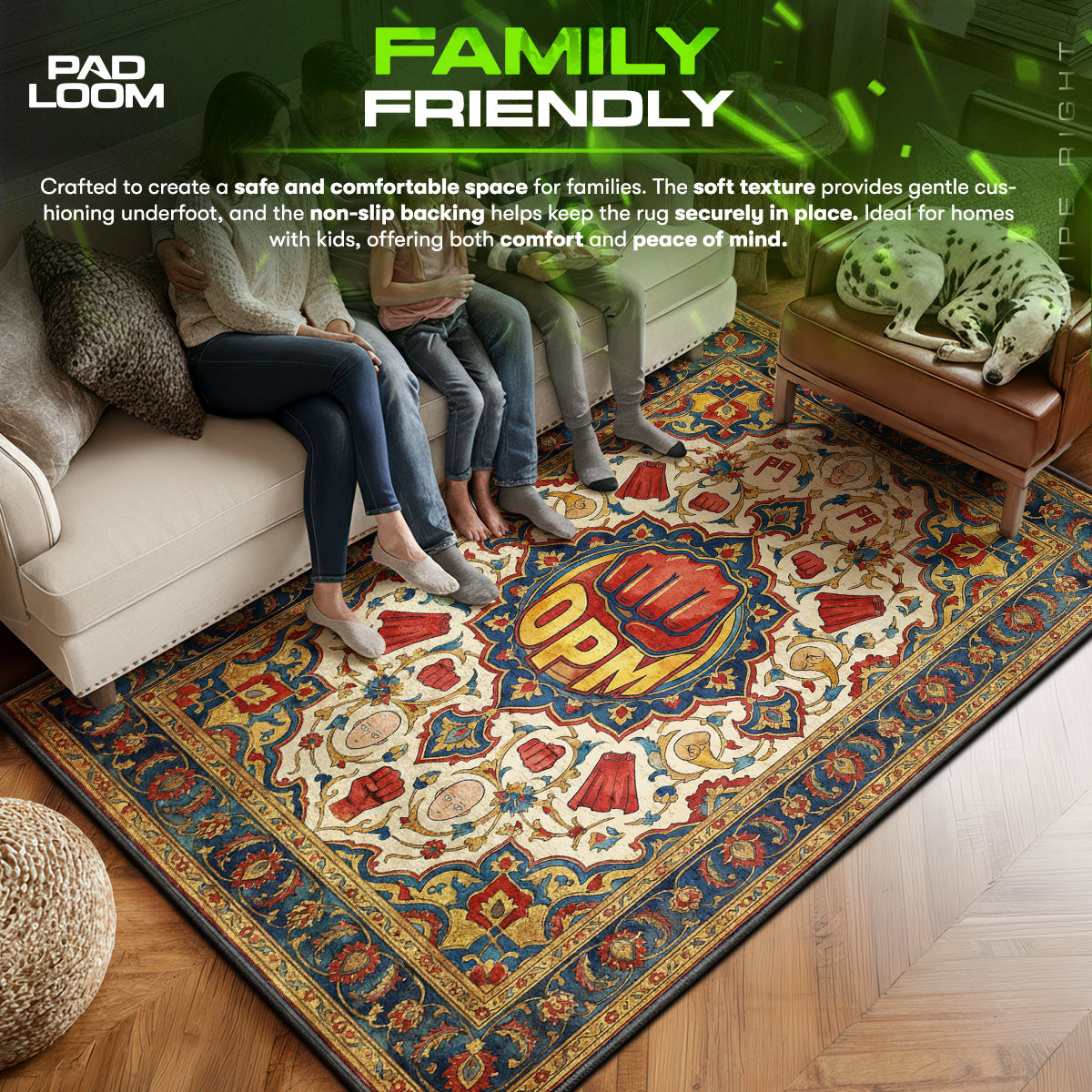 Genos area rug showing full home decor artwork