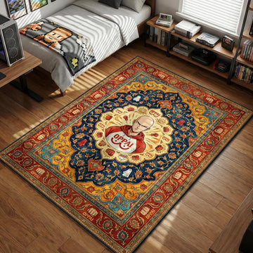Saitama wearing red Oppai hoodie surrounded by repeating Oppai logos and fists in a Persian style area rug and floor mat