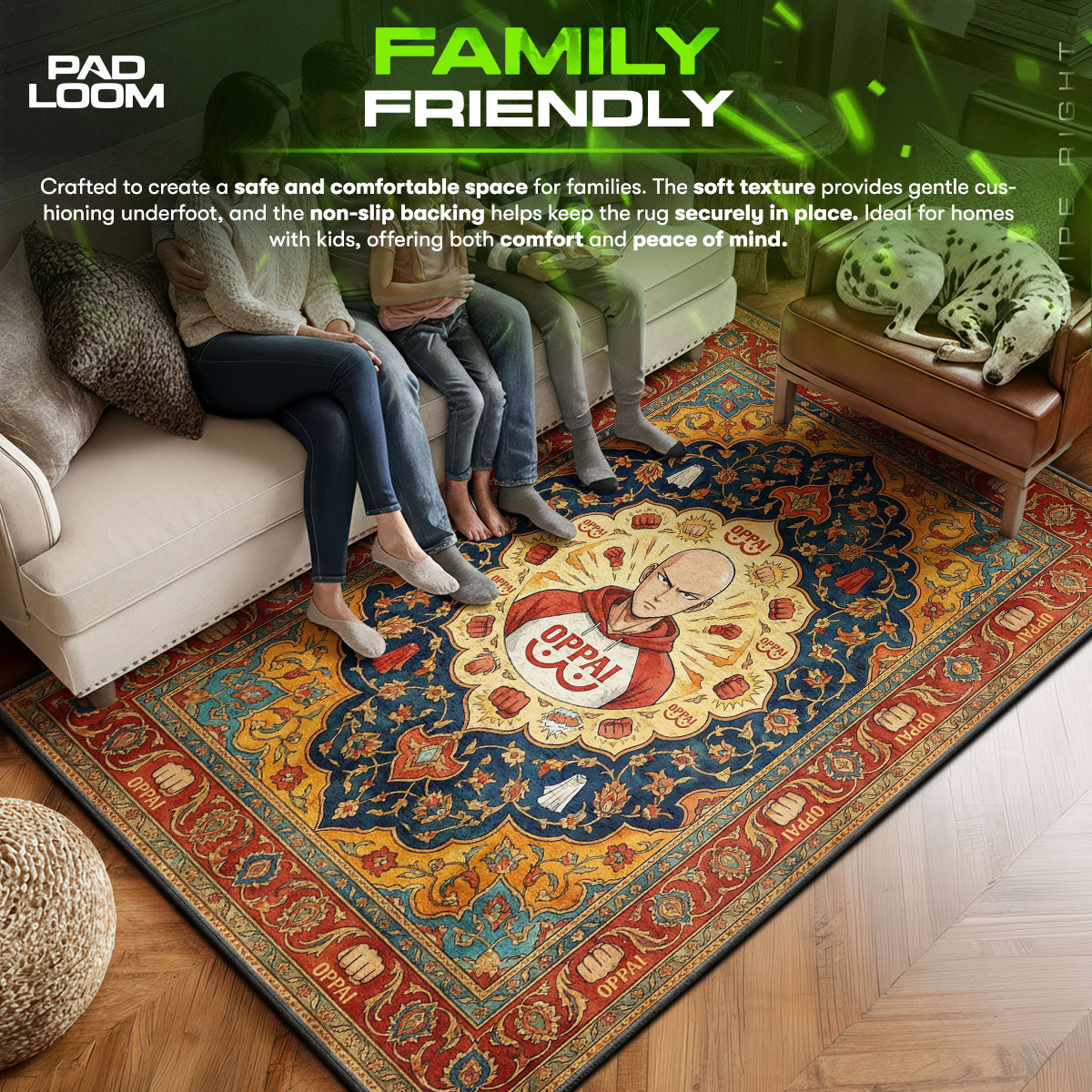 Saitama area rug showing full home decor artwork