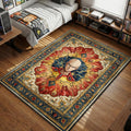 Saitama bust surrounded by cracked earth and flying fists in a Persian style area rug and floor mat