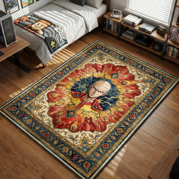 Saitama bust surrounded by cracked earth and flying fists in a Persian style area rug and floor mat