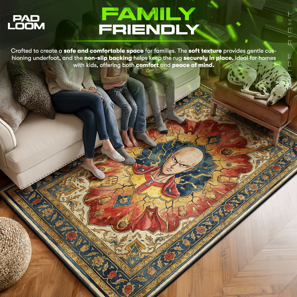 Saitama area rug showing full home decor artwork
