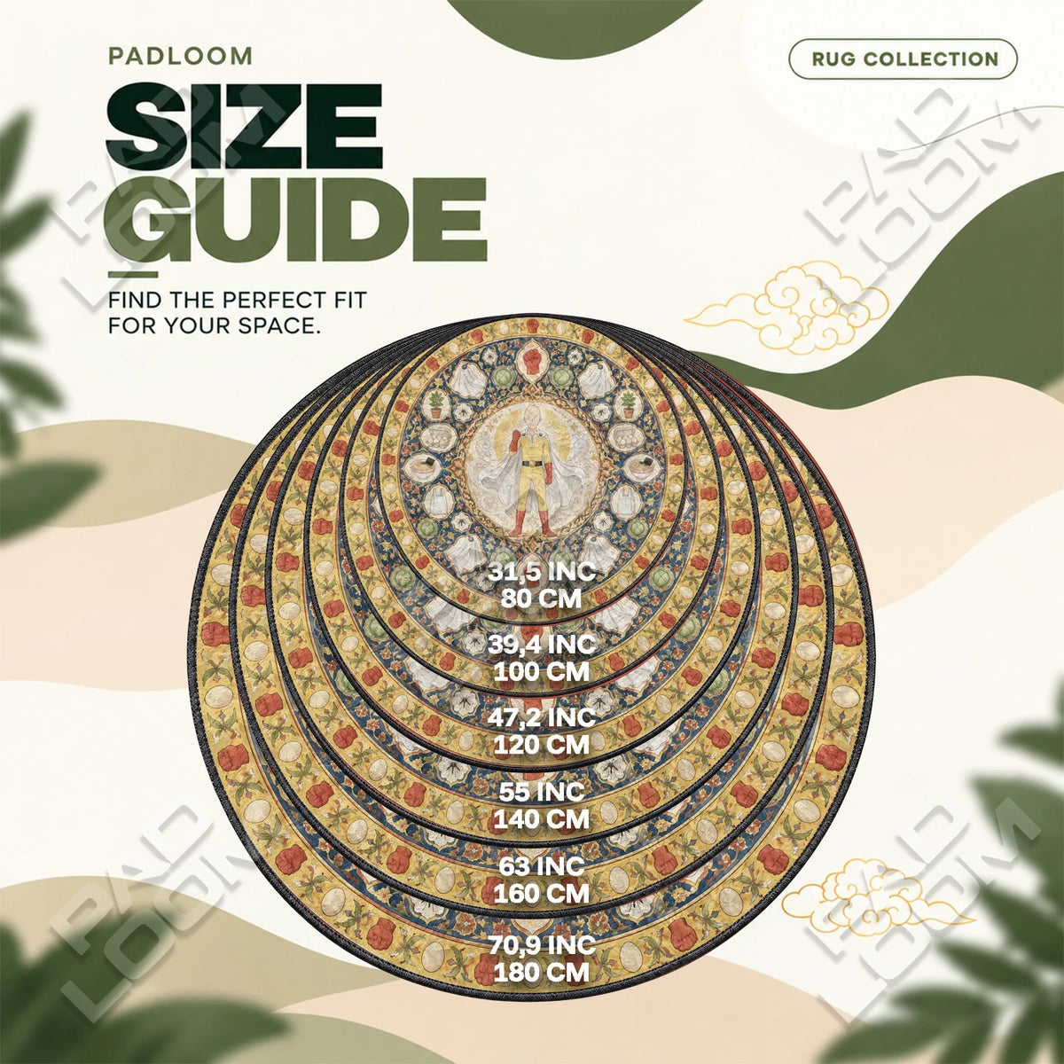 Saitama Sunburst round rug size guide, 80 to 180 cm (31.5 to 70.9 in)