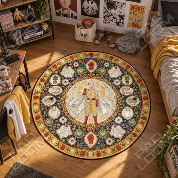 Saitama Sunburst One Punch Man round rug on a bedroom floor - One Punch Man chair mat