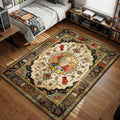 Saitama with neutral expression surrounded by grocery sale flyers and red gloves in a Persian style area rug and floor mat