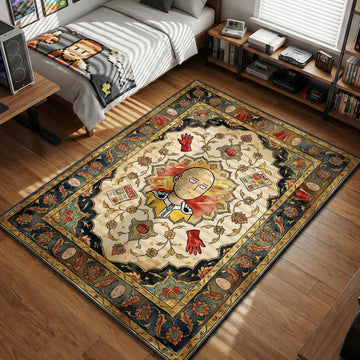 Saitama with neutral expression surrounded by grocery sale flyers and red gloves in a Persian style area rug and floor mat