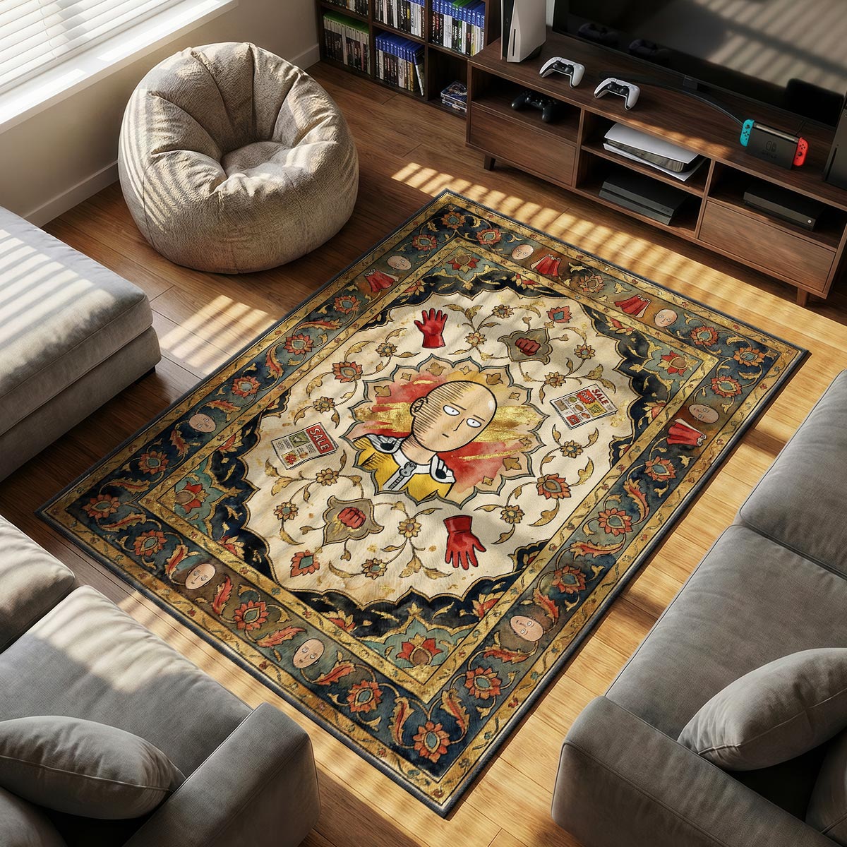Saitama Supermarket themed area rug for home decor fans
