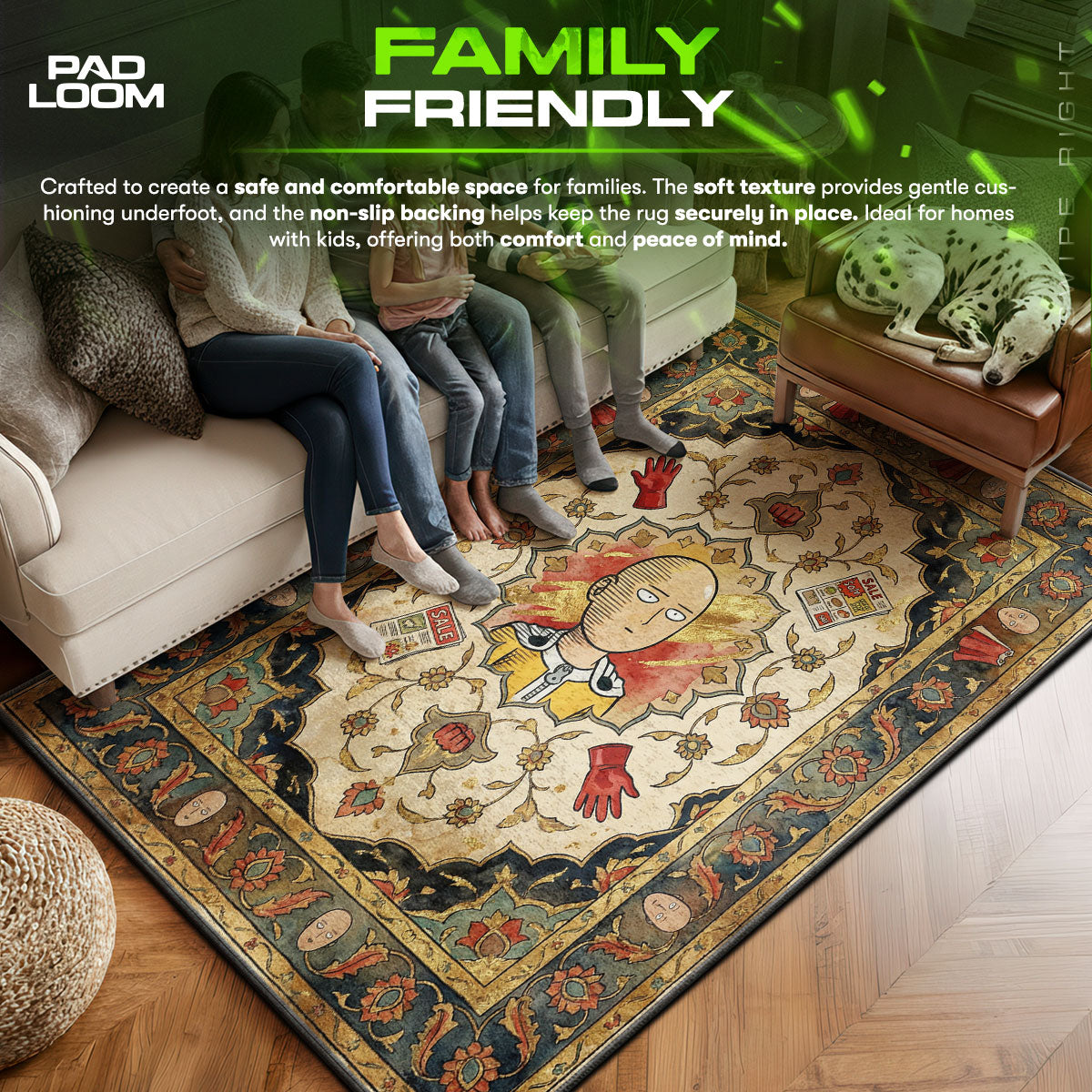 Saitama area rug showing full home decor artwork