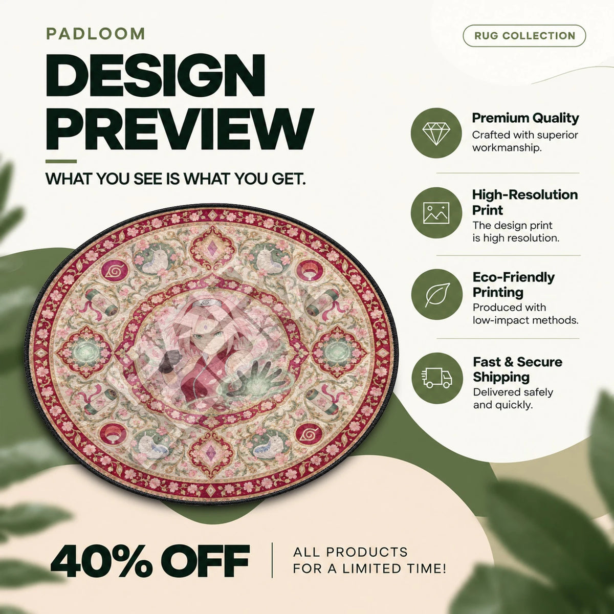 Sakura Blossom Naruto round rug full design preview