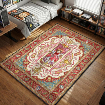 Sakura Kinomoto holding Star Wand inside ornate Clow Card border with magical mascots area rug and floor mat