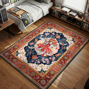Sakura Kinomoto holding Star Wand surrounded by Clow Key and Star Key with cherry blossoms area rug and floor mat