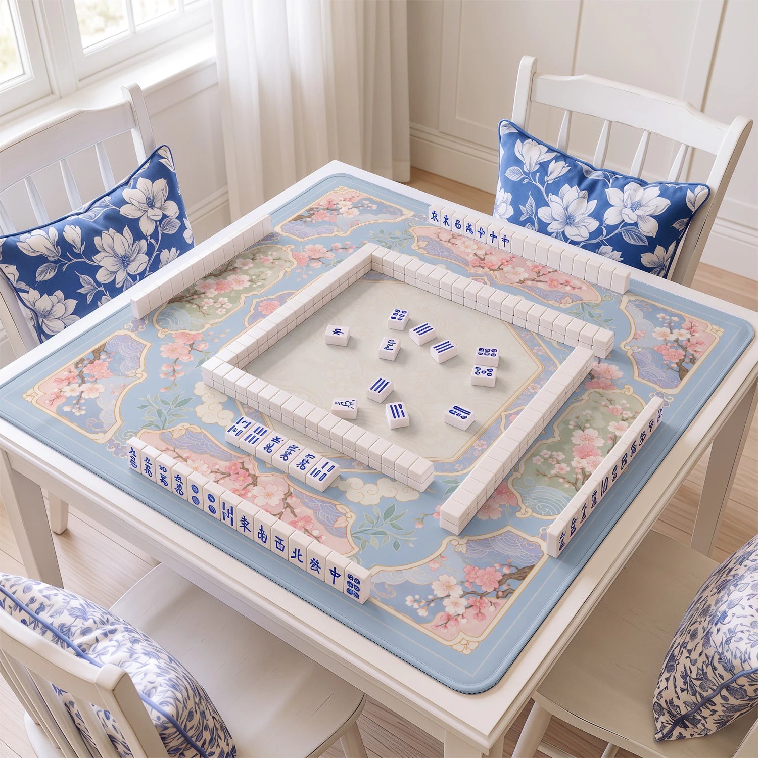 Sakura Cloud mahjong mat with tiles and racks on the table