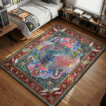 Sakura Kinomoto, Syaoran Li, and Tomoyo Daidouji surrounding a celestial magic circle with Keroberos intricate art style area rug and floor mat