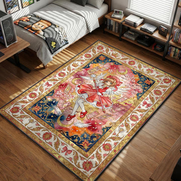 Sakura Kinomoto holding Star Wand surrounded by floating Clow Cards and cherry blossoms watercolor art style area rug and floor mat