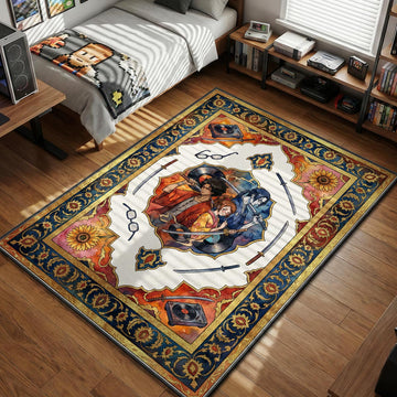 Samurai Champloo Trio surrounded by floating glasses katanas and vinyl records in cream artifact style area rug and floor mat
