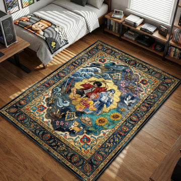 Mugen Jin and Fuu waving surrounded by sunflowers crane and shiba inu in ukiyo-e tapestry style area rug and floor mat