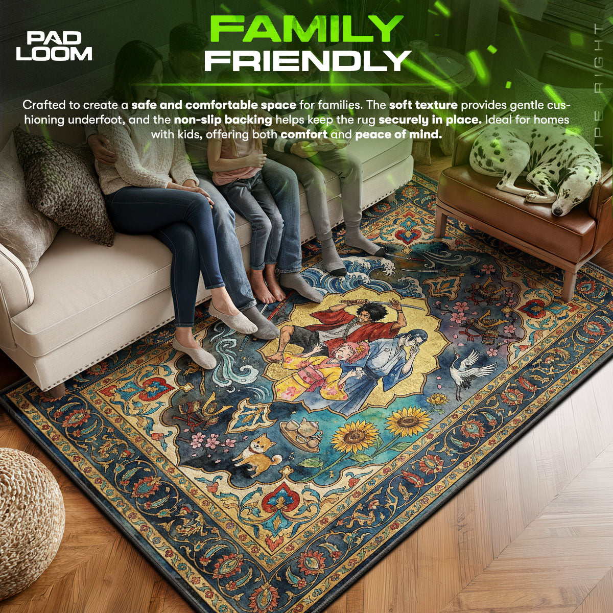 Samurai area rug showing full home decor artwork