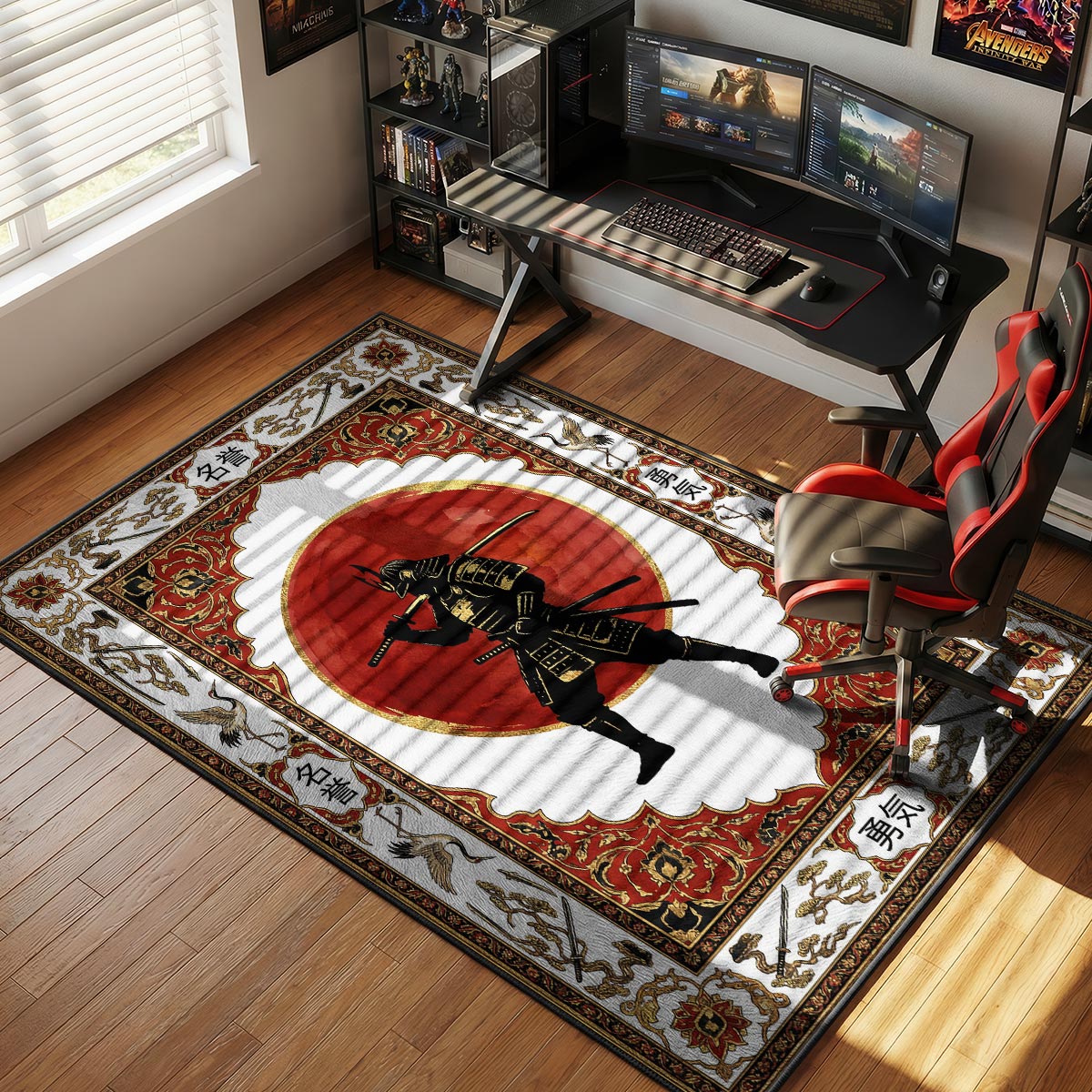 Samurai red sun rug placed in a minimalist dojo-style room with dark wood and white walls