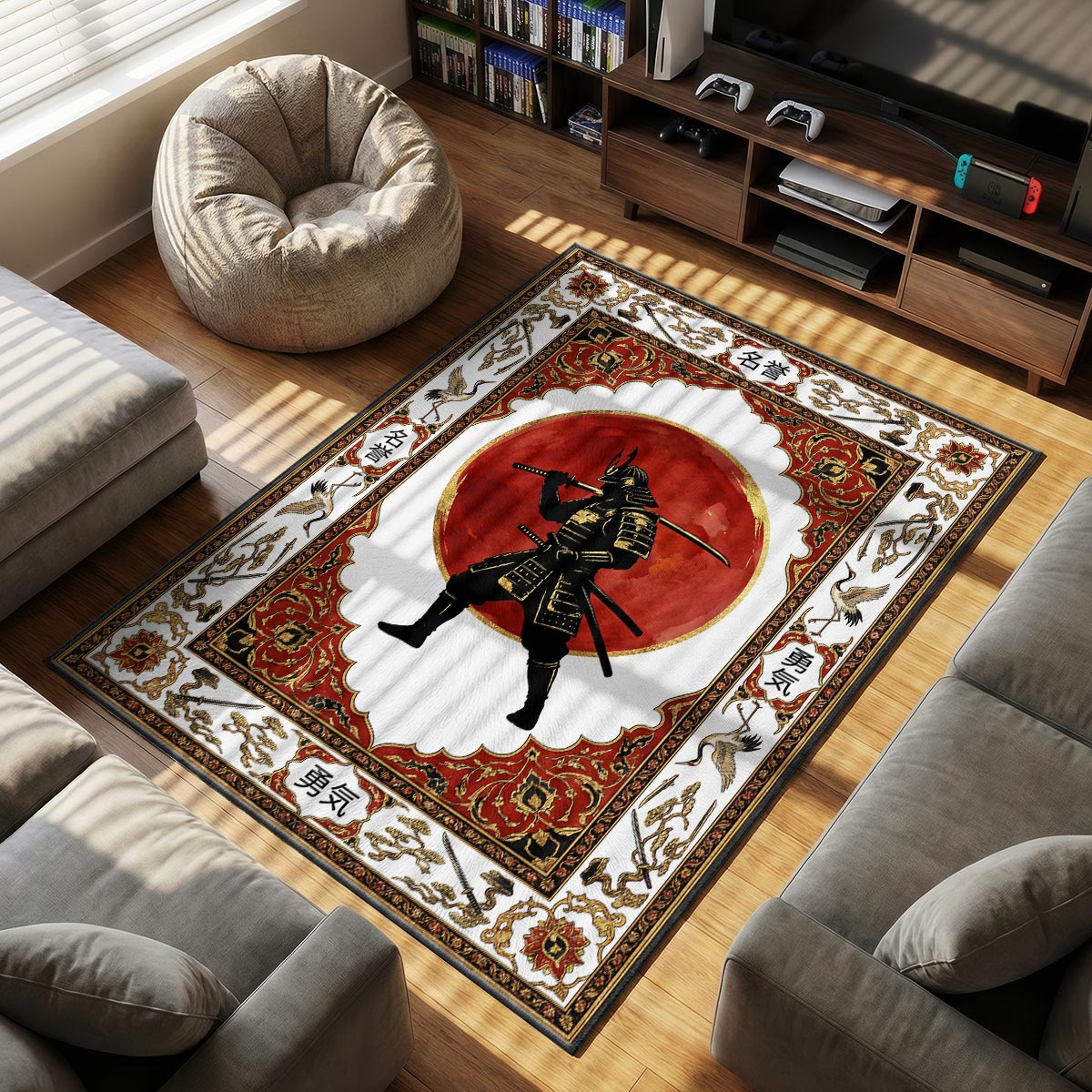 Close-up of samurai rug showing gold armor detail and kanji character on velvet surface