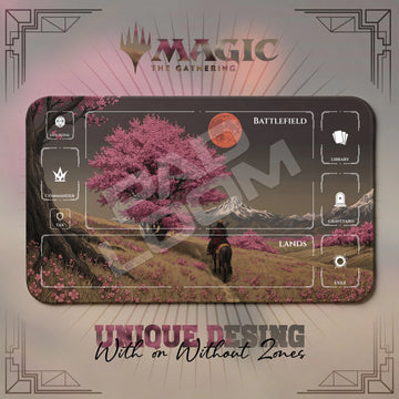 Samurai Sakura MTG playmat, brown and red art with play zones, 24 x 14 in
