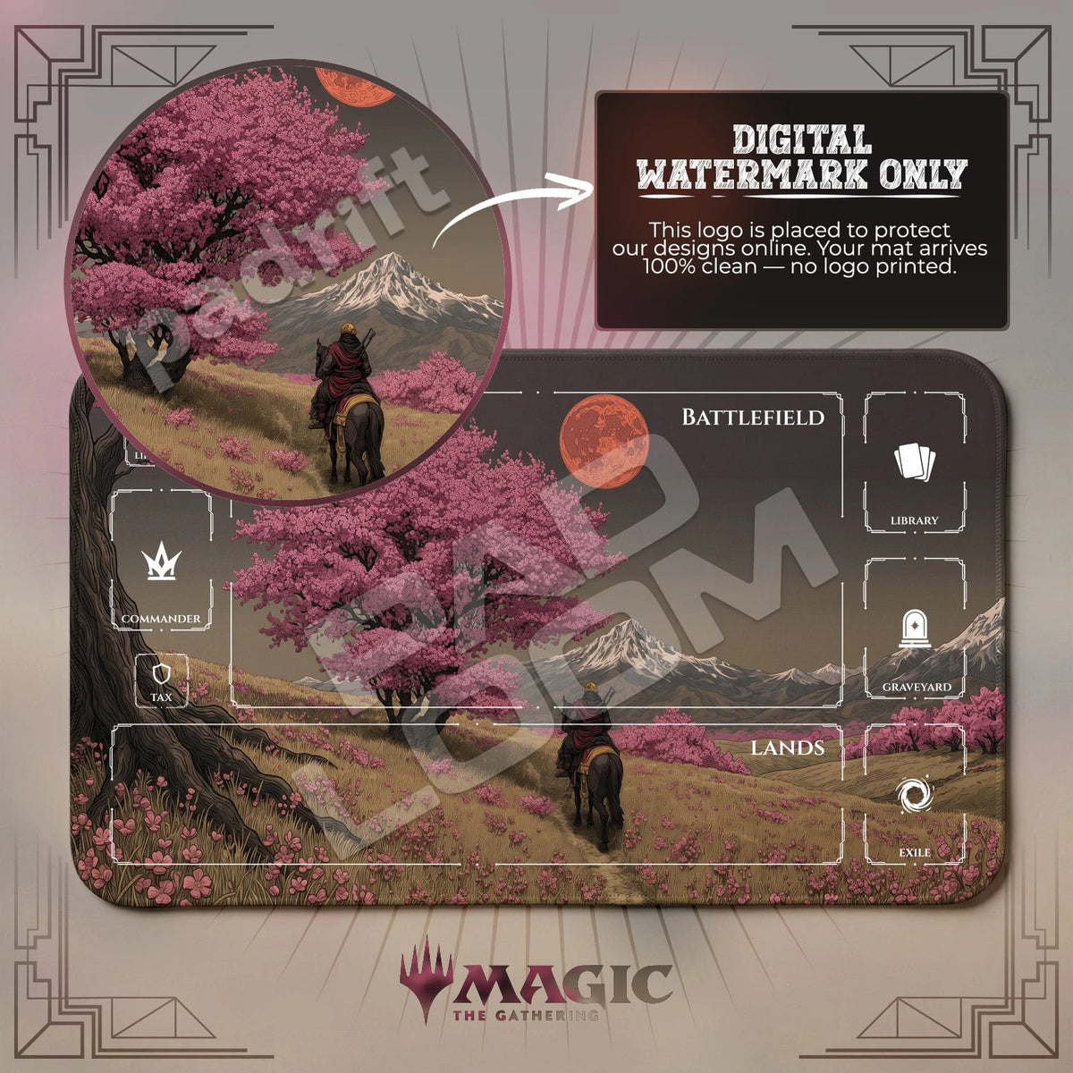 Samurai Sakura MTG playmat with zones; the Padloom watermark is digital only, not printed