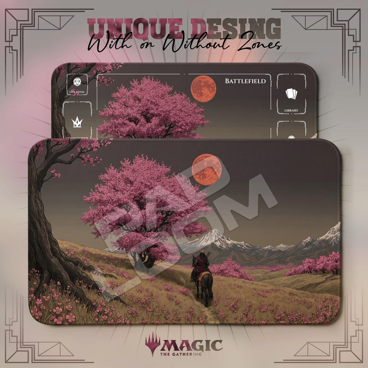 Samurai Sakura MTG playmat shown with zones and without zones