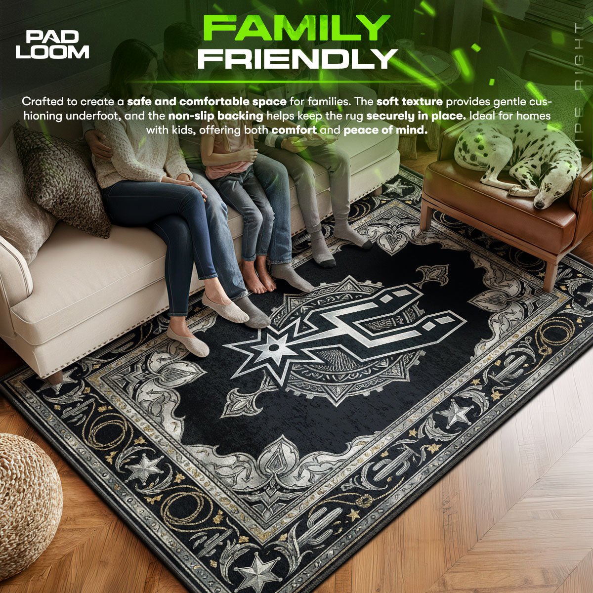Spurs area rug showing full Gothic artwork