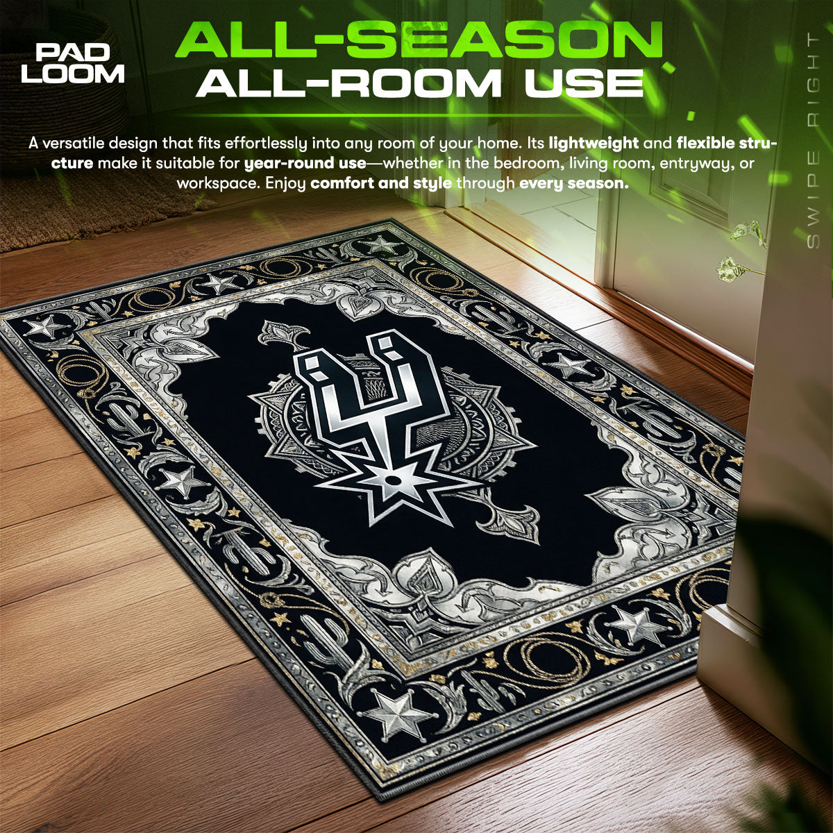 Spurs Black Basketball Floor fan rug — premium quality print