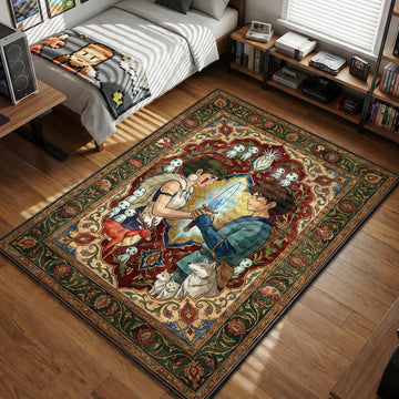 San and Ashitaka holding glowing dagger with Forest Spirit vintage Persian art style area rug and floor mat