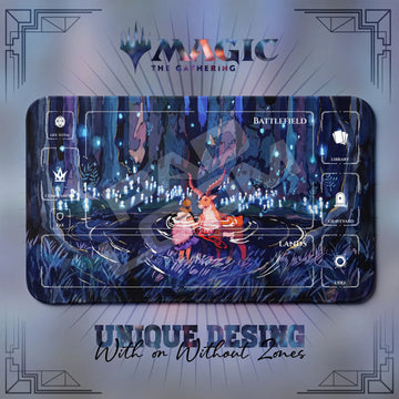 San Moonlit MTG playmat, navy and blue art with play zones, 24 x 14 in