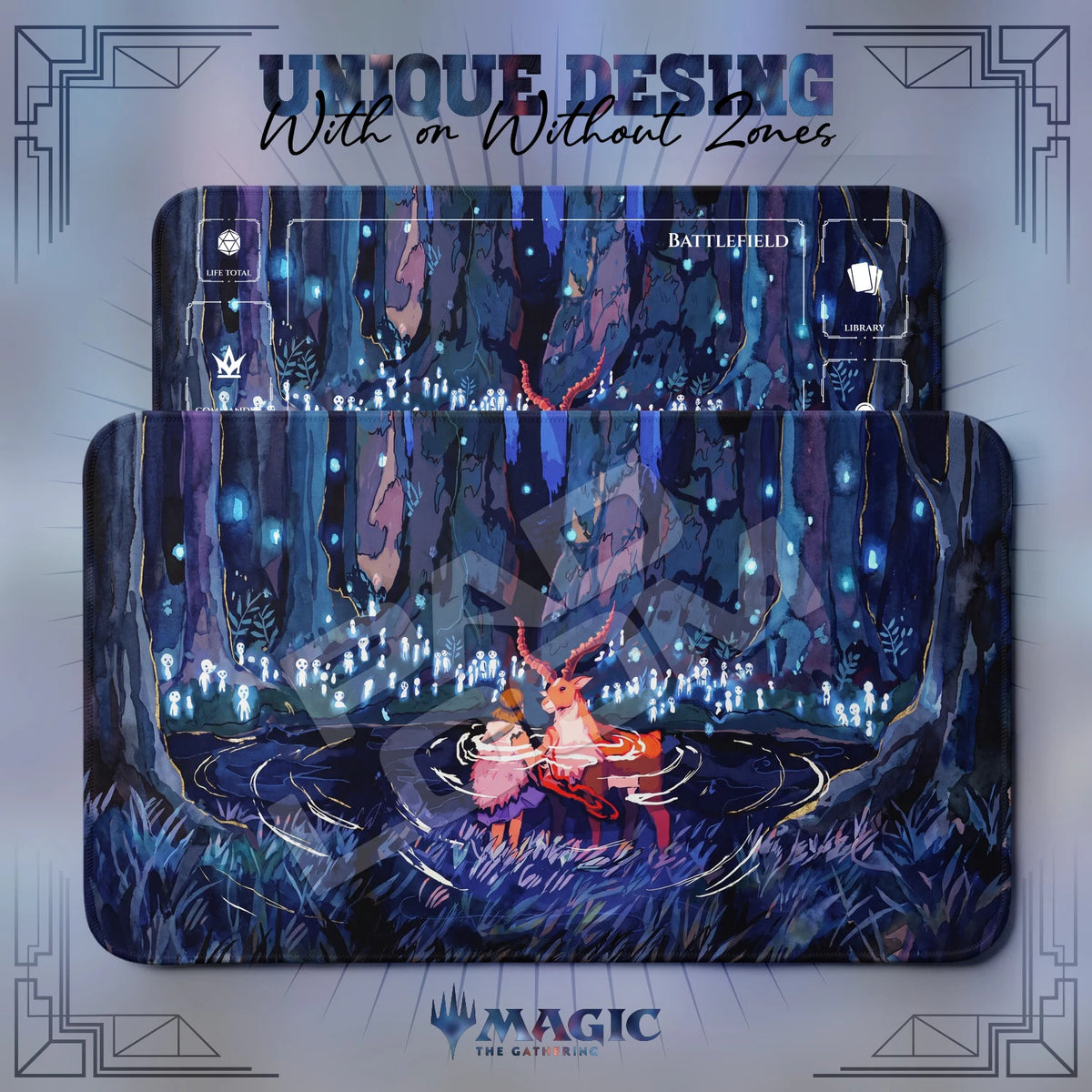 San Moonlit MTG playmat shown with zones and without zones