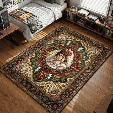 Princess Mononoke San portrait with wolf fur and red face paint vintage Persian art style area rug and floor mat