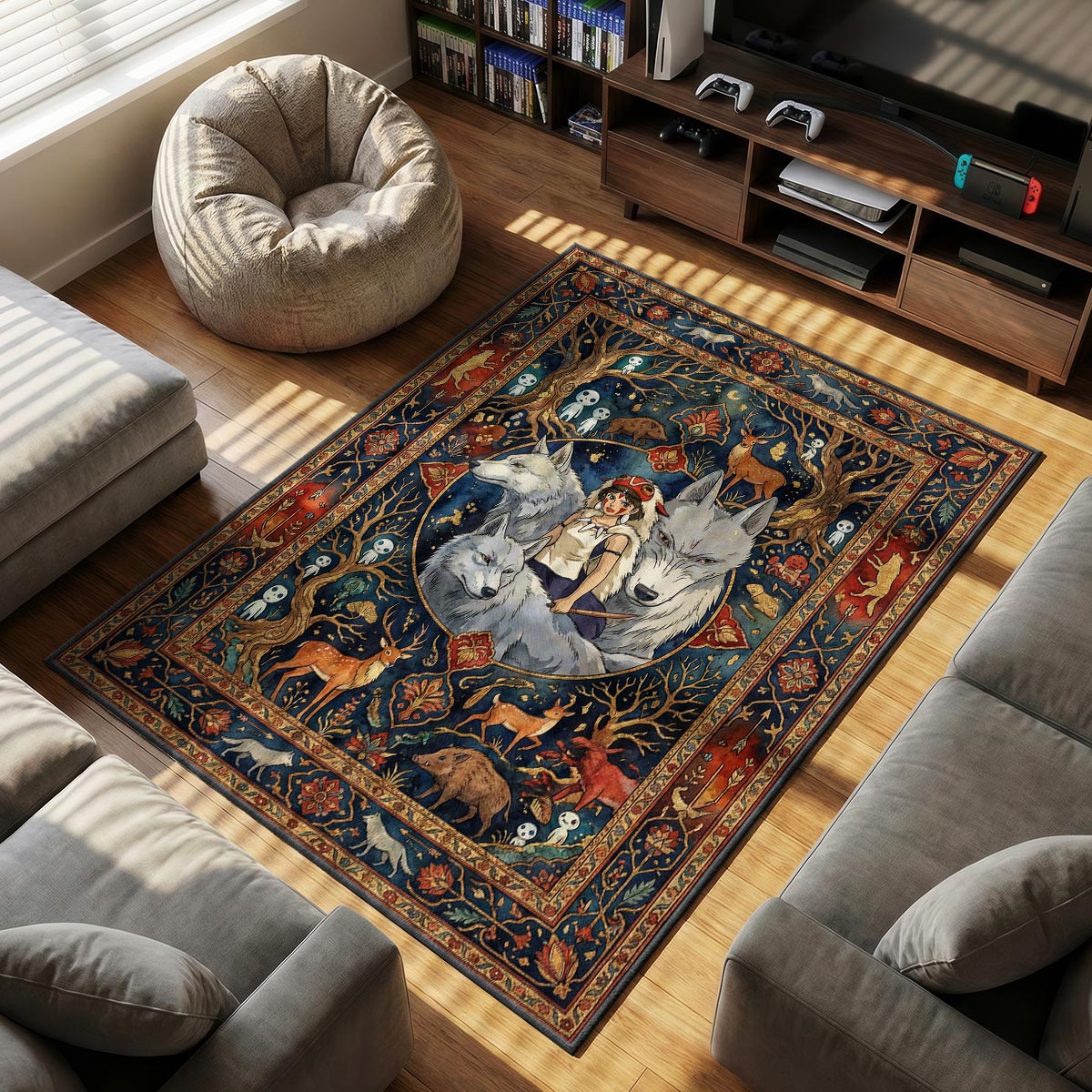 San Wolf themed area rug for home decor fans