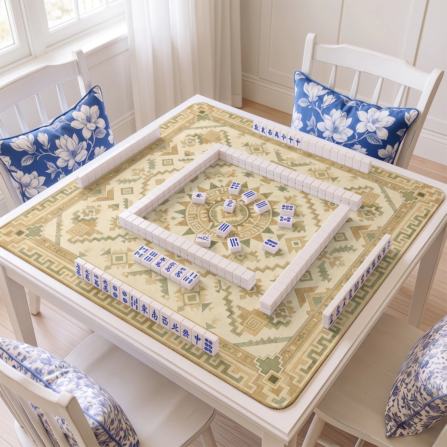Sand Aztec Sun mahjong mat with tiles and racks on the table