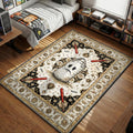 Sandbag character surrounded by baseball bats and distance markers in a vintage ornamental style gaming area rug and floor mat